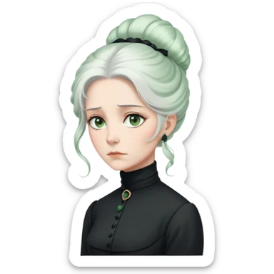 A Victorian woman with elegant coiffed white hair and pale green eyes wearing a modest black turtleneck mourning dress looking down with a forlorn expression sticker