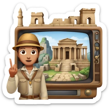 Icon for Documentary Film (TV style): A traveler pointing backward and narrating in front of ancient ruins, with a vintage TV screen framing the scene. Include elements like historical landmarks, maps, and exploration tools to evoke a sense of adventure. Transparent background. sticker