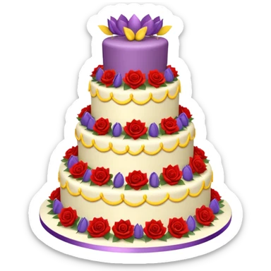 A large three teir cake with first mayer decorated with roses, second with Sunflowers and third with Tulips and Happy Birthday Dear written on top. sticker