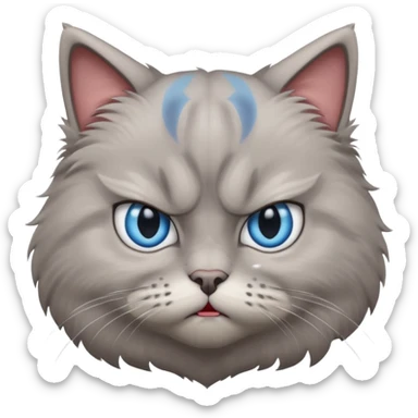 angry grey cat blue small slanted eyes. iphone real emoji style, made the cat look challenging sticker