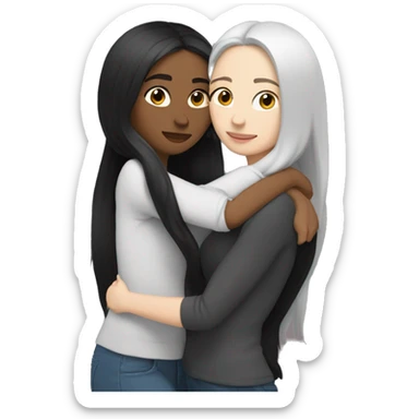A lesbian couple with white skin and long black hair hugging intimately, not looking at the camera. sticker