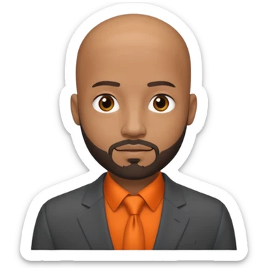 headshot of a sophisticated, stylish, bald head, small eyes Caribbean black man with a beard and goatee in a dark gray suit and orange shirt sticker