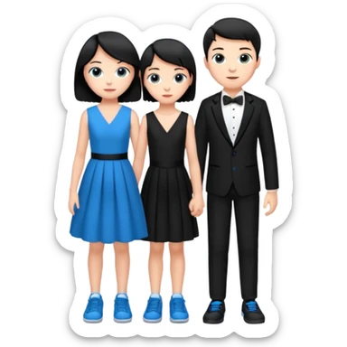 generate a pretty bratz fair skinned boy with short black hair wearing a black tux with blue sneakers .with a girl in a pink dress sticker