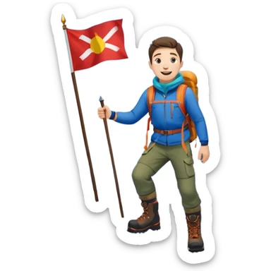 joyful guy on a mountain summit with a flag, snow at his feet, the mountain is clearly visible under his legs sticker