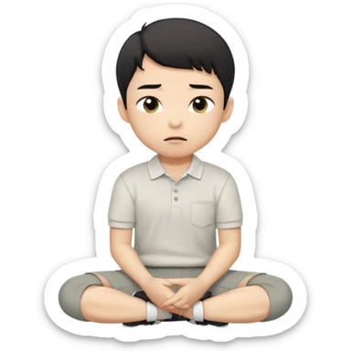 A cartoon young Asian boy with short black hair, light beige skin, and large expressive eyes, wearing a white polo shirt, gray pants, and black shoes. He sits cross-legged on the ground, one fist resting on his cheek, with a closed-mouth smirk. Clean lines, flat colors, solid black background. sticker