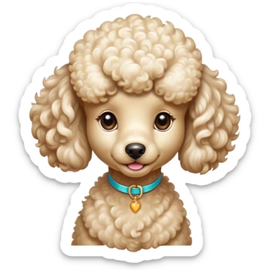 Cinematic Cute Cream Poodle Portrait Emoji, Head tilted playfully and inquisitively, showcasing a bouncy, curly cream Fur with a luminous sheen, round, sparkling warm eyes filled with curiosity, Simplified yet irresistibly adorable features, highly detailed, glowing with a warm, friendly glow, high shine, affectionate and lively, stylized with a touch of whimsy, bright and endearing, soft glowing outline, capturing the essence of a mischievous yet loving companion, so playful it feels like it could bounce out of the screen and into your arms! sticker