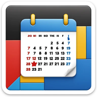 Flat icon, bright rectangular background with abstract color blocks (blue, yellow, red), black silhouette of a calendar grid, small musical notes around it, style of performing arts college logo, clean bold shapes, no gradients, high contrast, dynamic artistic composition. sticker