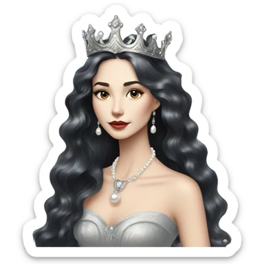 Regal pretty slender woman photograph defined cheekbones high cheekbones crown vintage with very long iridescent black and silver hair wavy long hair pearl crown iridescent sticker