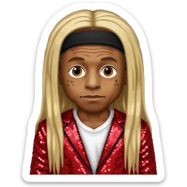 Lil Wayne with long dark blonde hair, red sequin outfit sticker