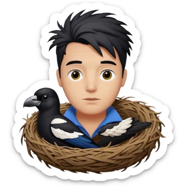 A man who has hair on the top of his head, that is actually an Australian Magpie, birds nest. sticker