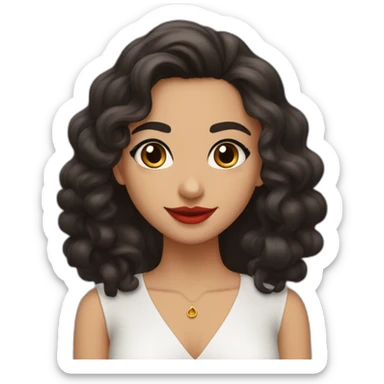 young moroccan woman with dark brown eyes, dark long curling hair with lighter extrimity, red lips, big smile, black dress sticker