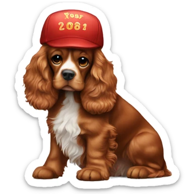 Full red cocker spaniel full length, wearing a New Year's cap sticker
