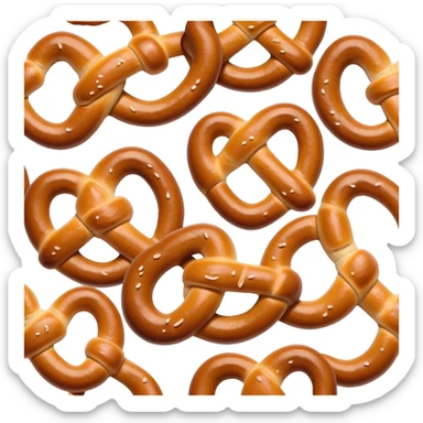 Cinematic Realistic Pretzels Dish Emoji, featuring freshly baked, twisted pretzels with a glossy, salted crust rendered with detailed textures and warm, appetizing lighting. sticker