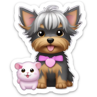 yorkshire terrier with grey hair with the tongue and two little pink hair-bow on the head with a purple nappy and a Hamtaro beside sticker