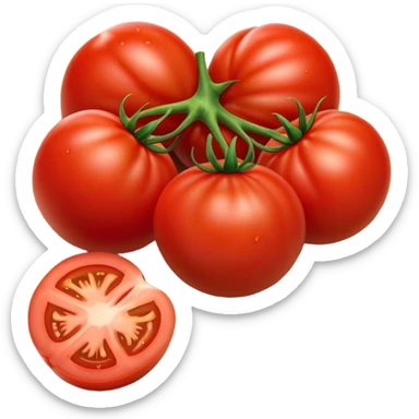 Cinematic juicy ripe tomatoe, deep red, slightly dewy, arranged on a wooden cutting board, soft glowing background, rich and flavorful. sticker