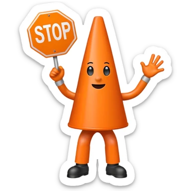 orange traffic cone with three legs dancing with sign in his hand saying “stop ai” sticker