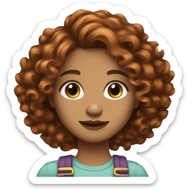 Girl with type 3B big curly copper brown hair, medium dark brown eyes, light skin, long hashes sticker