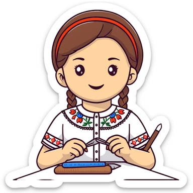 Ukrainian young girl wearing a white traditional embroidered shirt (vyshyvanka) smiling and holding sewing tools sticker