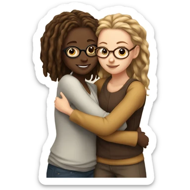 Tan girl with glasses and locs hugging a white girl with brown wavy hair sticker