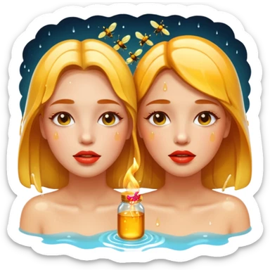 portrait two women wet faces and honey gloss lips touching, fireflies glowing sticker