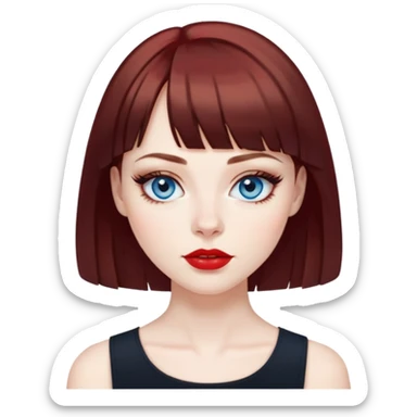 Woman in her early 50s with pale skin, wider face, blue eyes with eyeliner, thin eyebrows, red lipstick, dark auburn hair with bangs, wearing a black top sticker