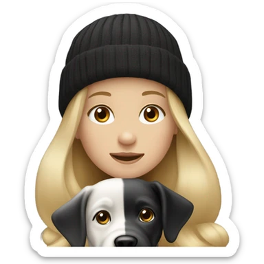 Blonde 10 year old with long hair and a beanie riding a black and white dog sticker