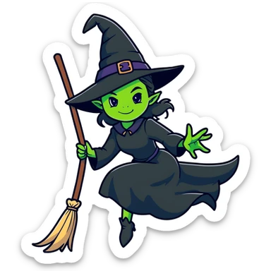 Elphaba, green-skinned witch with black hat and long black dress riding a broomstick sticker