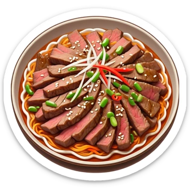 Bulgogi Cinematic Realistic Bulgogi Dish Emoji, depicted as thinly sliced, marinated beef stir-fried to perfection, rendered with dynamic textures and vibrant, appetizing lighting. sticker