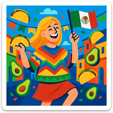 festive Cinco de Mayo cartoon of a tall blonde woman, smiling, wearing a colorful poncho, holding a taco and an avocado, waving a Mexico flag, dancing in the street, surrounded by tacos and avocados, lively street party background, bright and bold colors sticker