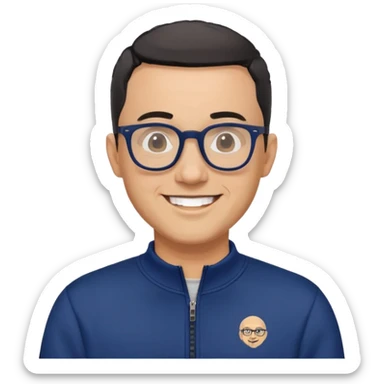Light-skinned man with very short black hair (shorter buzz cut), short graying beard, big black glasses frames, happy smile, navy blue zip-up sweatshirt with long sleeves sticker