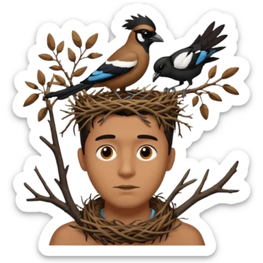 A man who has a magpie birds nest on top of his head for hair sticker