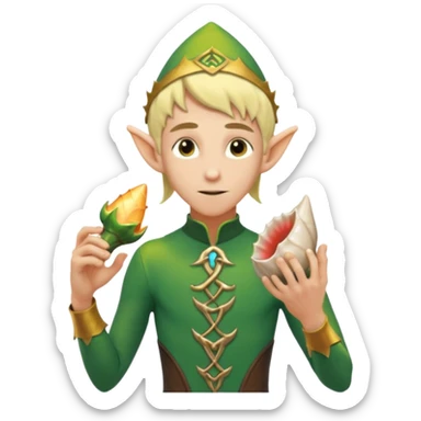 elf male Short wetsuit-style garb, glowing runes on skin, holding a conch horn. sticker