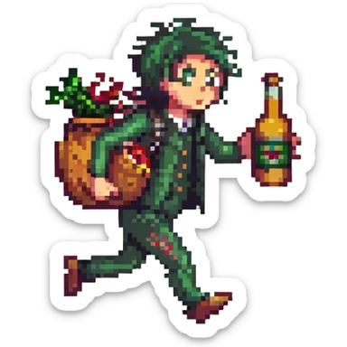 man with emo hair running with a bottle of cider sticker