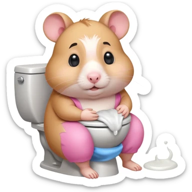 Cute chubby cartoon-style hamster sitting on toilet pooping looking as if he had an accident sticker