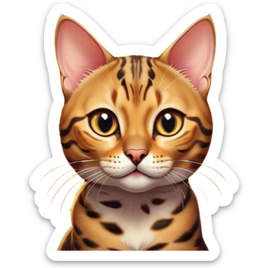 Cinematic Cute Bengal Cat Portrait Emoji, Head tilted playfully and inquisitively, sleek spotted brown and gold tones, Simplified yet adorable features, highly detailed, glowing with a warm, friendly glow, high shine, curious and affectionate, stylized with a touch of whimsy, bright and alert, soft glowing outline, capturing the essence of a mischievous yet loving kitten, so endearing it feels like it could pounce out of the screen and play! sticker