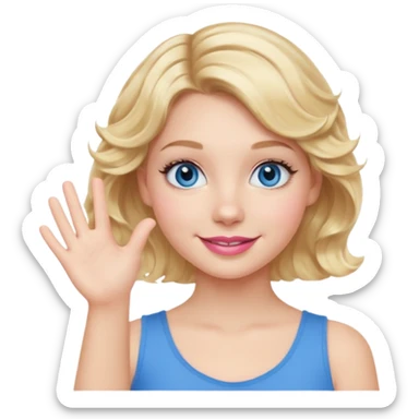Girl Blonde short wavy hair,  blue eyes, cute blue top, long lashes, pink lips, smiling, waving hello  sticker