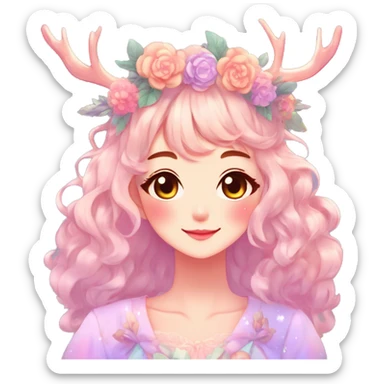 Gorgeous Shiny Colorful Pastel Anime Style Mature Lady with blushing face and pretty hair with a flower crown and antlers pastelcore kawaii cottagecore fairycore aesthetic trending style sticker