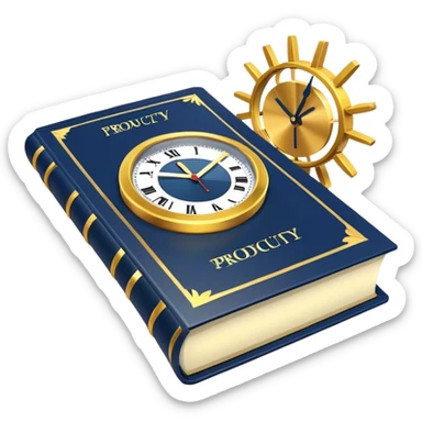 A navy blue productivity book with gold details, running clock and chart with upward trend aura, radiating productivity, strategy, and success in motion with time and happiness yellow sticker