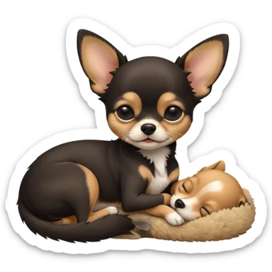 A high-resolution photo-realistic digital illustration of a cute black and tan chihuahua with eyes closed shut sleeping lazily on the ground sticker