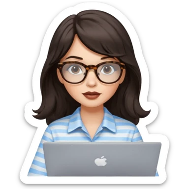 A white woman with long wavy dark brown hair and a whispy bang, wearing thick tortoise SQUARE glasses. She has long lashes and a nude browny glossy lipstick. She's wearing an oversize light blue shirt with white strips. She's working on a laptop sticker