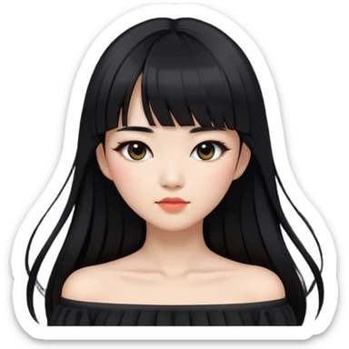 Asian woman with long black hair, straight bangs, black off-shoulder dress, and visible makeup sticker