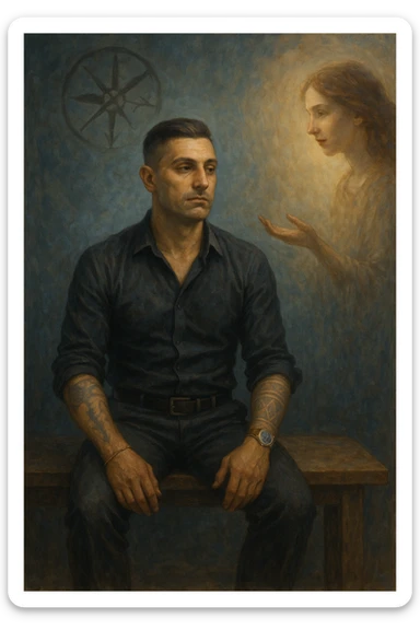 Uomo tra i 35 e i 45 anni seduto su una panchina o in una stanza tranquilla, sguardo rilassato ma spento, come sollevato nel mentale ma svuotato nello spirito. Davanti a lui una donna lo guarda con dolcezza, mano tesa come per offrire una soluzione. L’ambiente attorno all’uomo è grigio-bluastro, con la sua aura maschile che si dissolve leggermente, mentre intorno alla donna una luce calda e stabile. Sullo sfondo, un simbolo spezzato di bussola o direzione, a indicare la perdita di leadership interiore. Atmosfera riflessiva, stile realistico con simbolismi delicati sticker