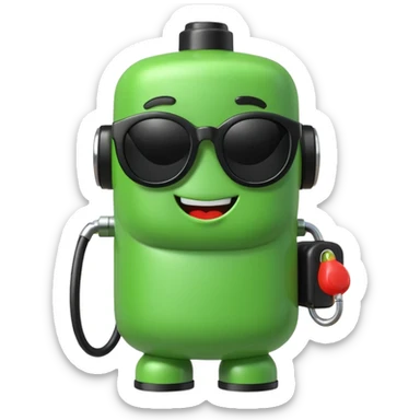 A cute 3D icon of a green gas pump character wearing oversized black sunglasses. Round and chubby proportions, glossy toy-like texture, soft pastel lighting, friendly expression, smooth edges, high-quality render, isolated on a transparent background. sticker