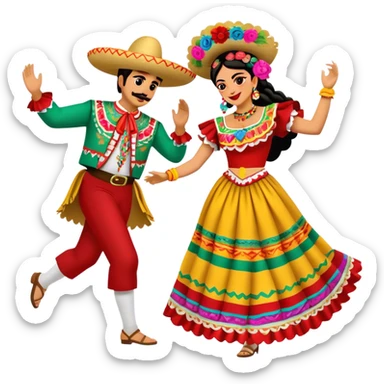 Cinematic Realistic scene of two performers dancing the Jarabe Tapatío, dressed in colorful traditional Mexican costumes with intricate embroidery, captured in energetic, festive motion with vibrant, celebratory lighting sticker