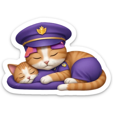 emoji of sleeping cat, its pose is lying, it has on his head FedEx uniform cap sticker