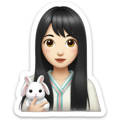 korean girl with long black hair bangs holding white rabbit sticker