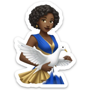 Young black woman wearing a royal blue and gold dress riding a white dove  sticker