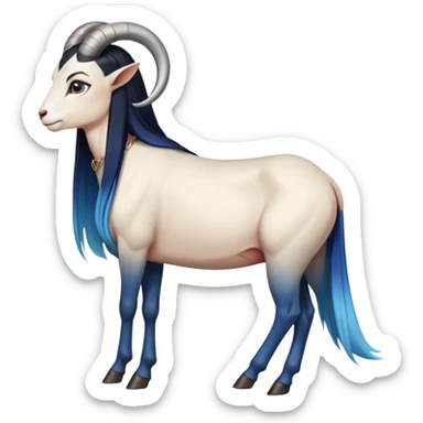 Art of a human white woman's very perfect body scheme anatomy-very long straight black to blue hair ombre-small goat horns-lean back-on knees-superman necklace sticker