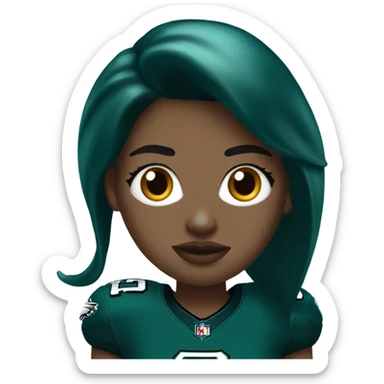 White female long dark hair red lips wearing Philadelphia Eagles jersey sticker