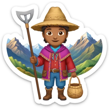 3D emoji style illustration of a Peruvian Andean farmer, wearing traditional chullo hat and poncho, holding a hoe, smiling, mountains in background, bright natural colors, bold outlines, glossy sticker style, transparent background sticker